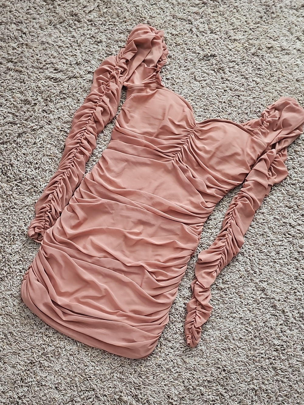 Fashion Nova Rose Blush Ruched Long Sleeve Mini Dress